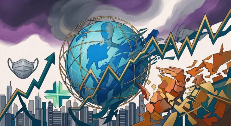 Ilustración editorial de un globo terráqueo estilizado con una línea de tendencia irregular que sube y baja sobre un horizonte urbano, junto a un ícono de mascarilla y una flecha de crecimiento, representando la recuperación económica desigual tras el COVID-19