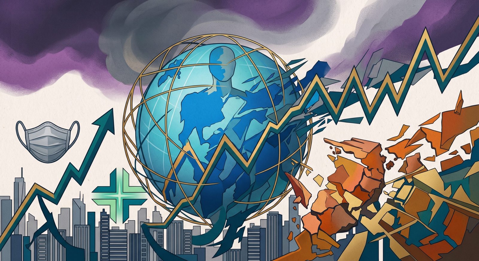 Ilustración editorial de un globo terráqueo estilizado con una línea de tendencia irregular que sube y baja sobre un horizonte urbano, junto a un ícono de mascarilla y una flecha de crecimiento, representando la recuperación económica desigual tras el COVID-19
