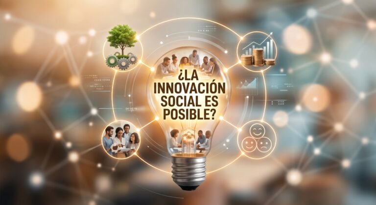 Ilustración sobre innovación social que muestra una bombilla central iluminada con el texto "¿LA INNOVACIÓN SOCIAL ES POSIBLE?" conectada a iconos circular con temas de sostenibilidad, colaboración comunitaria, economía e inclusión