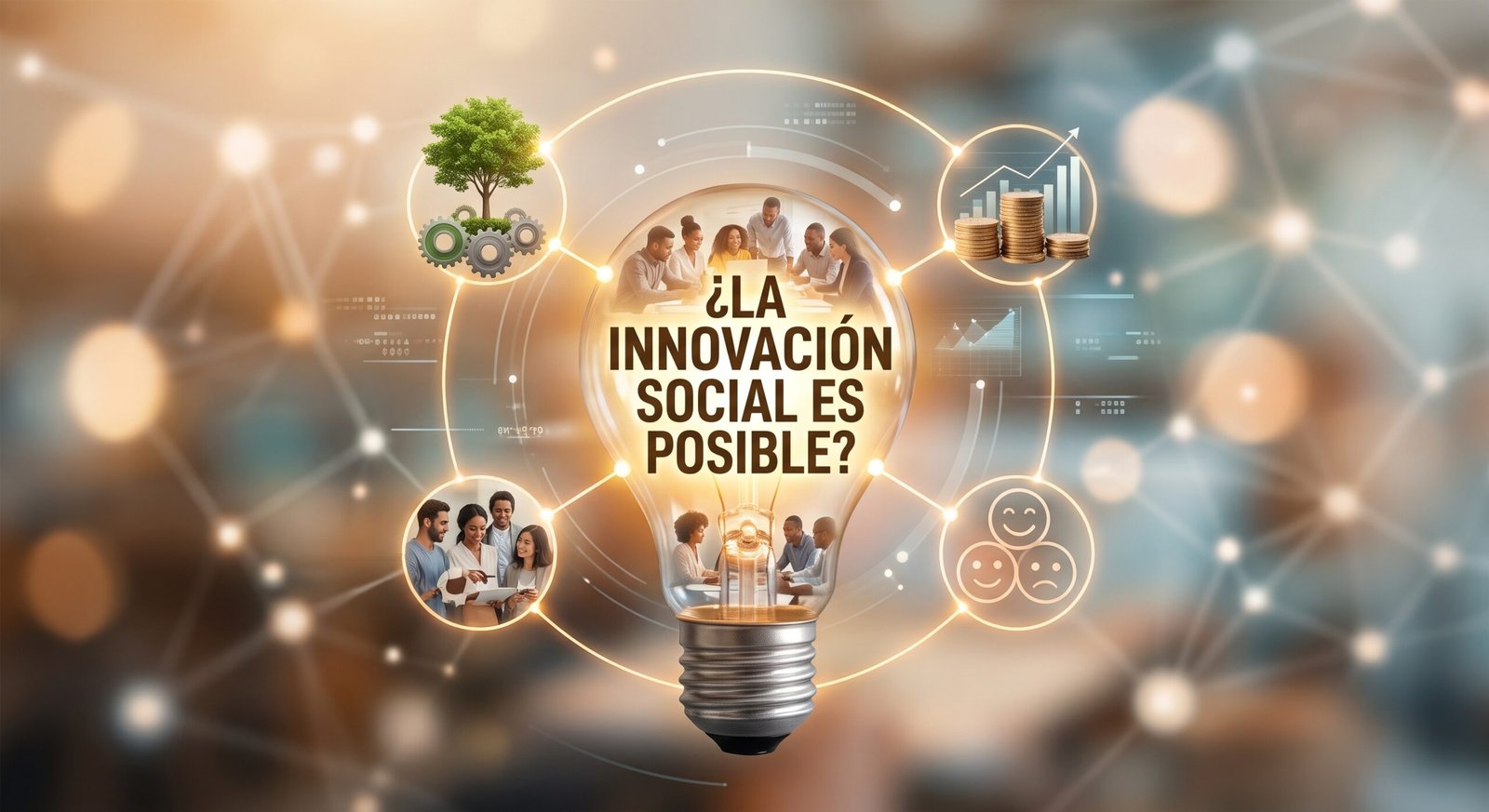 Ilustración sobre innovación social que muestra una bombilla central iluminada con el texto "¿LA INNOVACIÓN SOCIAL ES POSIBLE?" conectada a iconos circular con temas de sostenibilidad, colaboración comunitaria, economía e inclusión