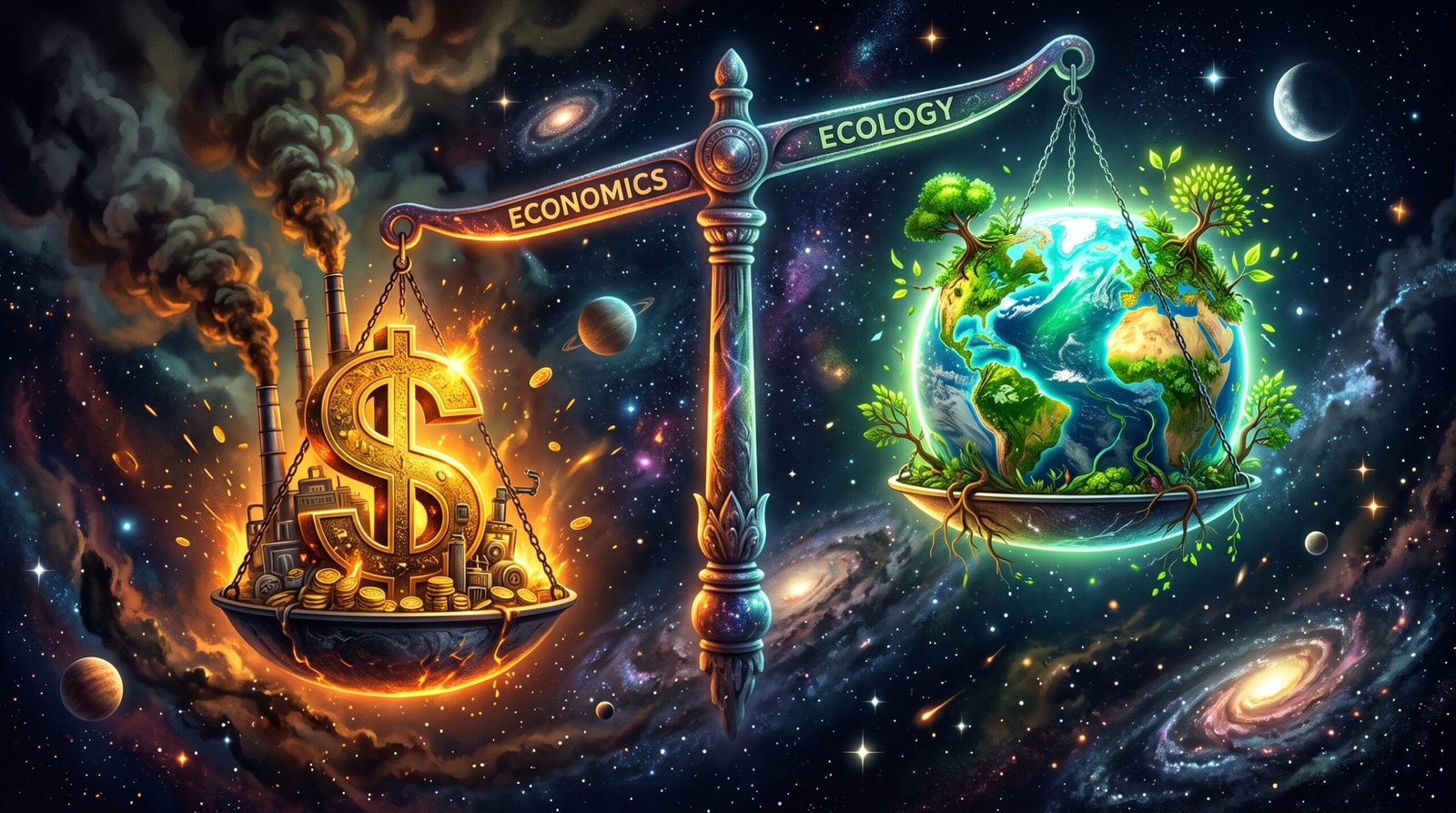 "Ilustración conceptual de una balanza en el espacio: un platillo sostiene un símbolo de dólar dorado entre chimeneas industriales y el otro sostiene un planeta Tierra verde con árboles."