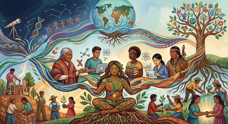 Ilustración conceptual de estilo artístico que representa el diálogo de saberes y la ecología de conocimientos. En el centro, una figura femenina hecha de vegetación simula a la Madre Tierra en posición de meditación. A su alrededor se conectan personas de diversas culturas, étnias y profesiones: agricultores cultivando, académicos trabajando con ordenadores y libros, y líderes indígenas compartiendo saberes. A los lados, un árbol con raíces expuestas y un telescopio junto a un microscopio simbolizan la unión entre el conocimiento científico moderno y la sabiduría ancestral, todo conectado por ondas de luz coloridas y el planeta Tierra en la parte superior.