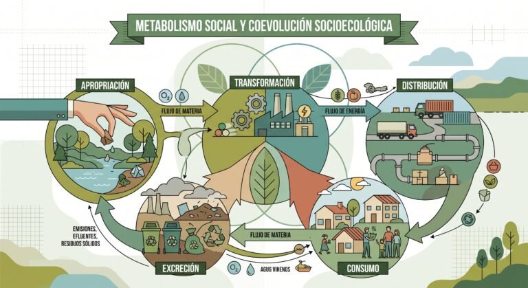 Infografía interactiva del metabolismo social y la coevolución socioecológica. Ilustra el flujo continuo de materia y energía desde la apropiación de recursos naturales, pasando por la transformación industrial, la distribución y el consumo, hasta la excreción de residuos y emisiones hacia el medio ambiente.