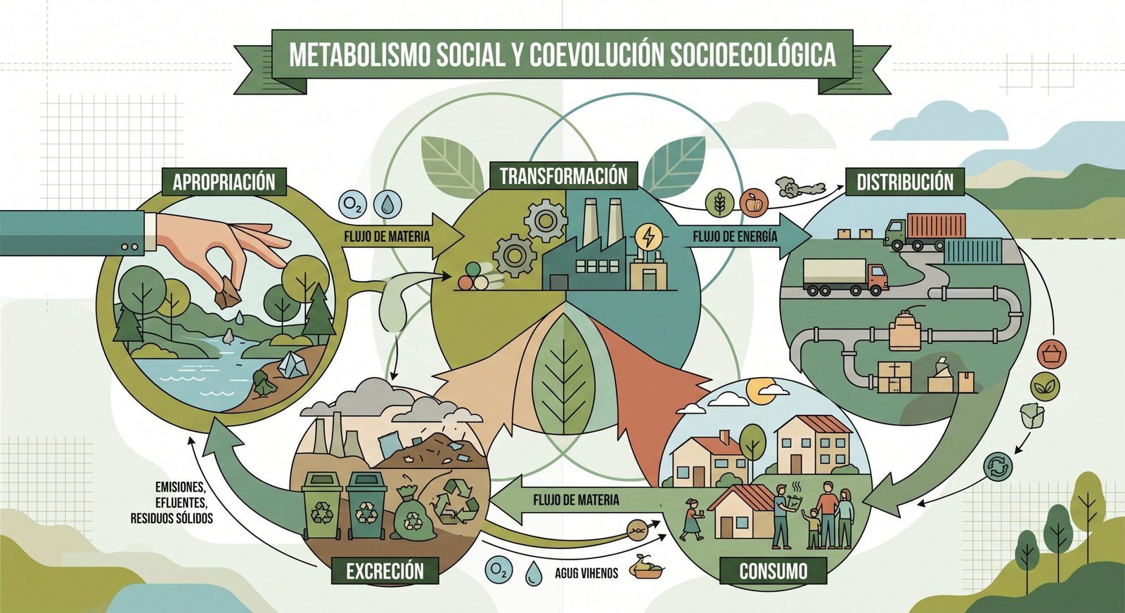 Infografía interactiva del metabolismo social y la coevolución socioecológica. Ilustra el flujo continuo de materia y energía desde la apropiación de recursos naturales, pasando por la transformación industrial, la distribución y el consumo, hasta la excreción de residuos y emisiones hacia el medio ambiente.