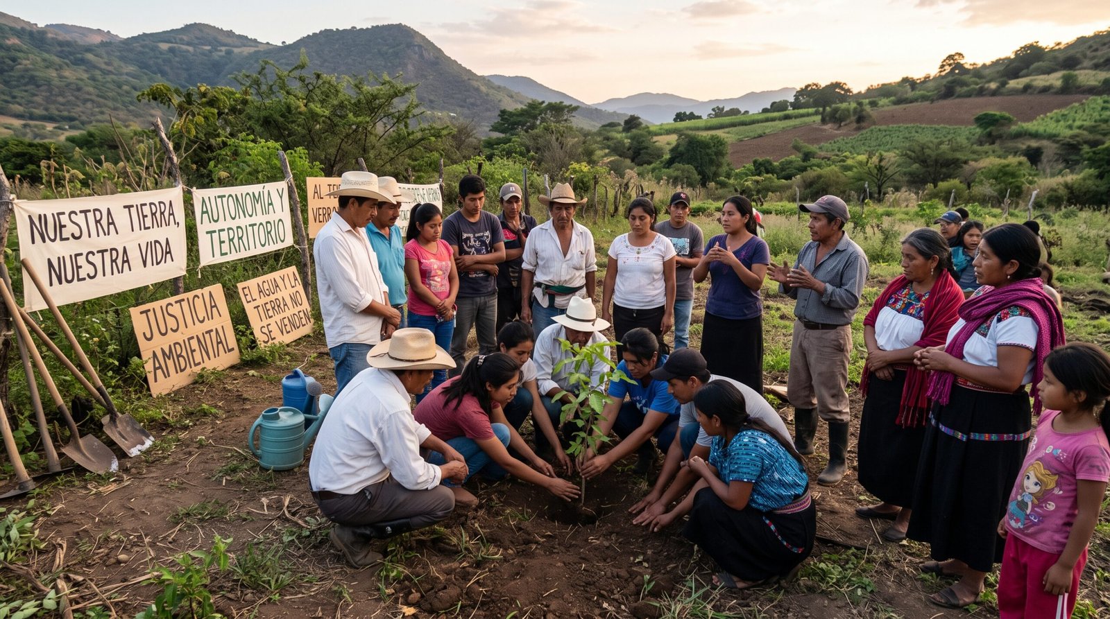 Fotografía de una comunidad rural e indígena en América Latina reunida en un entorno agrícola y montañoso. Varias personas están arrodilladas en la tierra plantando juntas un árbol joven, rodeadas por miembros de la comunidad que observan con atención. De fondo se aprecian pancartas de protesta y concientización con mensajes sobre la defensa de la tierra, la autonomía del territorio y la justicia ambiental.